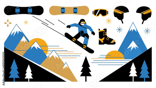 Winter adventure elements: snowboarder in action with gear and mountain landscape