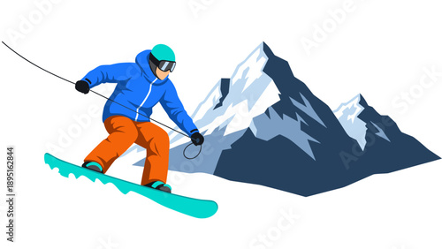Snowboarder in blue jacket riding down a slope with snowy mountain in background