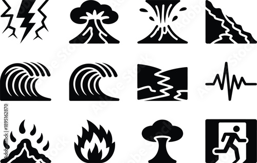A comprehensive set of black glyph icons illustrating various natural disaster scenarios and alerts