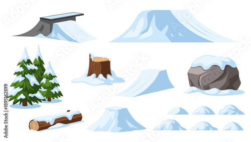 Winter elements collection: snowy ramps, trees, rocks, stumps, and snowdrifts in flat style