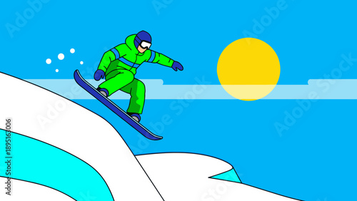 Colorful snowboarding adventure in minimalistic winter landscape