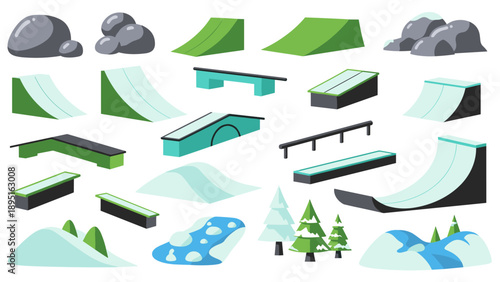Skatepark and snowboard features set with ramps, rails, and trees