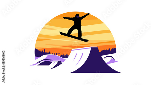 Silhouette of snowboarder in action against stunning mountain sunset