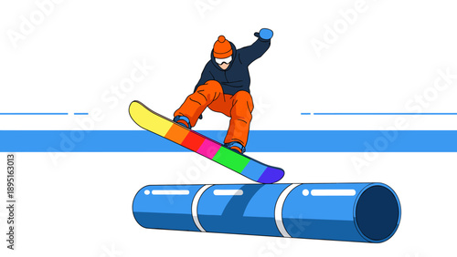 Colorful snowboarder performing trick on pipe in minimalist style