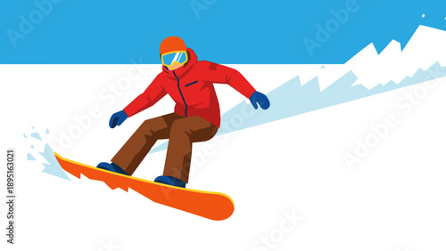 Snowboarder in action on snowy mountain slope in vibrant flat style