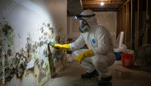 Caucasian male inspector in protective gear examining mold in basement with meter
