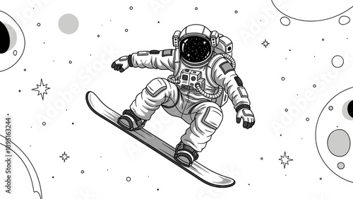 Astronaut snowboarding in space: cosmic adventure in monochrome