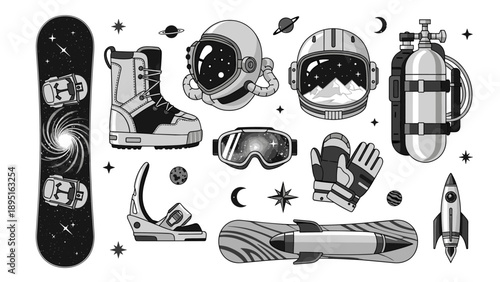 Space exploration and snowboarding adventure elements in modern style