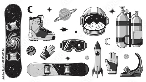 Monochrome space adventure gear with snowboarding elements and cosmic details