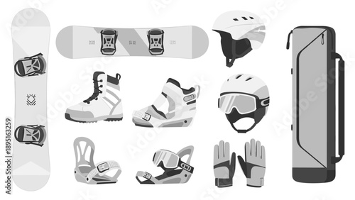 Monochrome snowboard gear set: boots, helmets, and accessories in flat style
