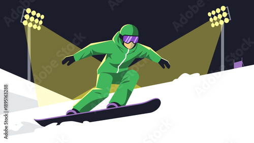 Nighttime snowboarding adventure with bright stadium lights in minimal style