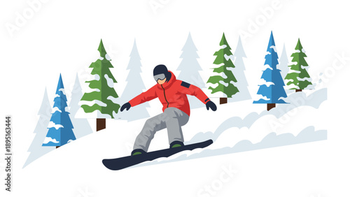 Snowboarder in red jacket gliding down snowy slope with evergreen trees in winter scene