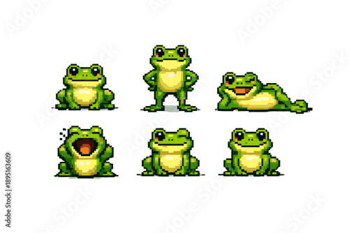 Frog icons set. Containing amphibian, green, nature, wildlife, pond, water, jump, animal, ribbit, flower, insect, habitat, ecosystem, lily,