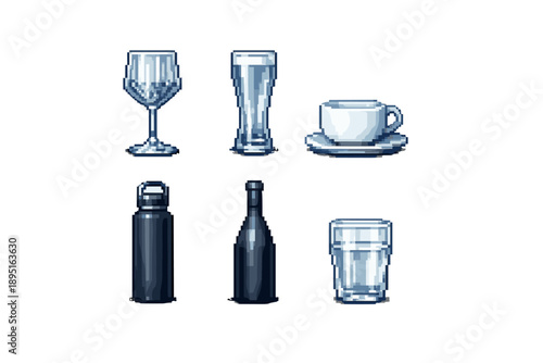 Drink and beverage icon set. Containing glass, cup, bottle, drink, water, wine, beer, cocktail, juice and more.