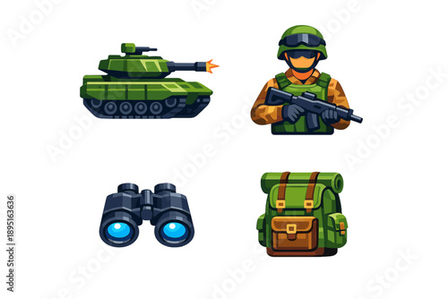 Military and Combat Icon Set. Containing tank, soldier, weapon, binoculars, backpack, strategy, defense, battle and more.