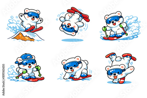 Winter sports icon set featuring skiing, snowboarding, ice skating, sledding, snowman, and winter gear.