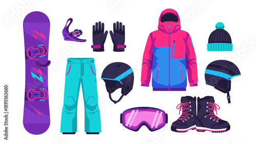 Vibrant snowboarding gear set featuring jacket, boots, helmet, gloves, and board for winter sports enthusiasts