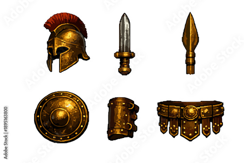 War and battle icon set. Containing helmet, sword, spear, shield, armor, belt, warrior, weapon and more.