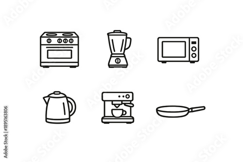 Kitchen Appliances Icon Set. Featuring stove, blender, microwave, kettle, coffee machine, frying pan and more.