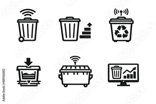 Trash and waste management icon set. Including bin, recycle, garbage, disposal, waste, clean, delete, environment and more.