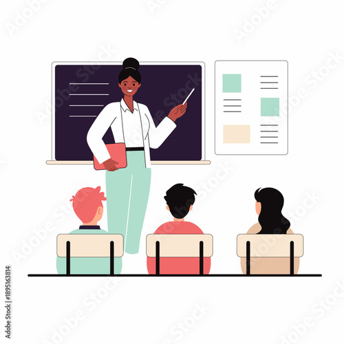 stylized illustration of a teacher teaching students at school using a blackboard, minimalist flat design