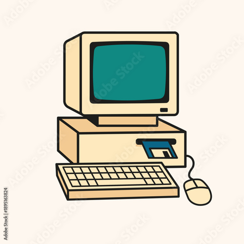 minimalist illustration of an old computer, cartoon, clipart, retro, technology, screen, mouse, keyboard, beige
