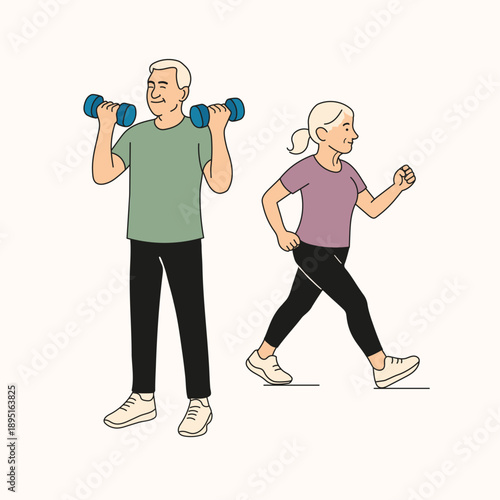 Flat design illustration of an elderly couple exercising, walking, lifting weights. older adult  in activity. Minimalist green, purple, black, white, vector