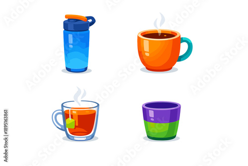 Beverage icon set. Containing cup, mug, tea, coffee, drink, hot, warm, tea bag, liquid, temperature, refreshment, container, ceramic, travel,