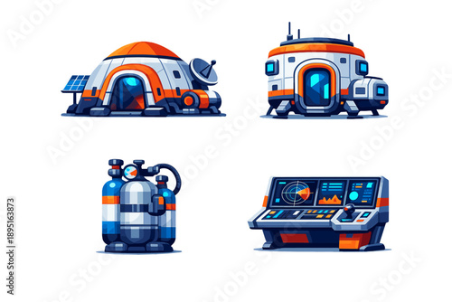 Space and exploration icon set. Featuring habitat, rover, control center, satellite, and more.