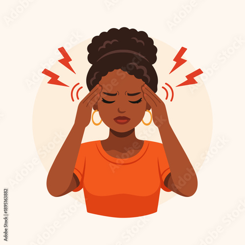 Illustration of a black woman with a headache, stress, tension, pain. Vector, minimalist, flat design