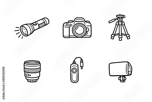 Photography and equipment icon set. Containing camera, lens, tripod, flashlight, shutter, monitor, and more.