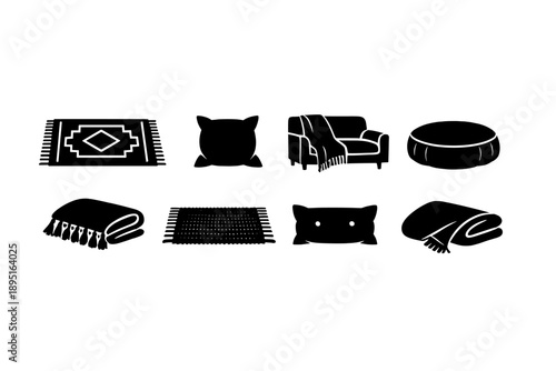 Home decor icon set. Containing sofa, pillow, rug, blanket, table, chair, cushion, and more.