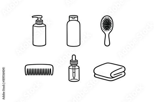 Beauty and grooming icon set. Including comb, shampoo, conditioner, brush, lotion, towel, dropper, and more.