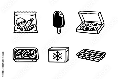 Food and storage icon set. Including meal, vegetable, dessert, pizza, container, freezer, snack and more.
