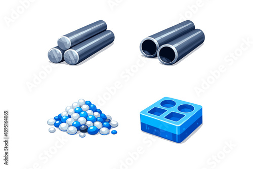 Industrial Materials Icon Set. Containing metal, pipes, pellets, blocks, rods, resources, construction, manufacturing, and more.