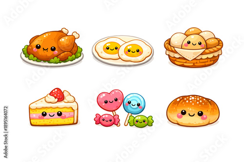 Food and snack icons set. Featuring chicken, eggs, bread, cake, candy, rolls, and more.