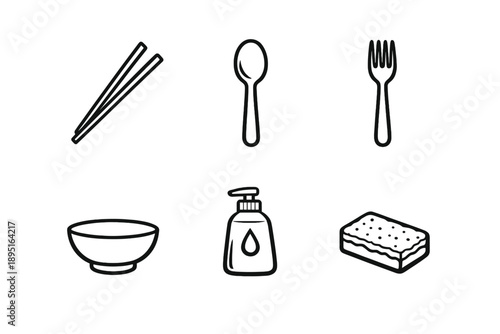 Kitchen Utensils Icon Set. Containing chopsticks, spoon, fork, bowl, detergent, and sponge.