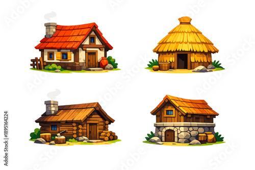 House and building icon set. Featuring cottage, hut, barn, farmhouse, shed, mansion, villa, structure, architectural, home, residence.