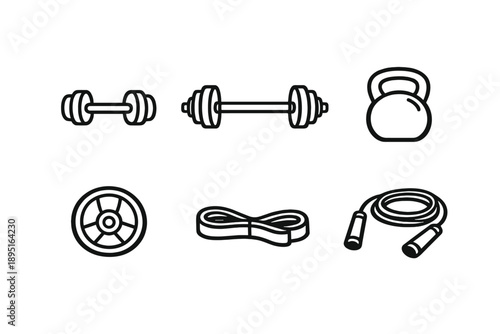 Fitness and Workout Icons Set. Containing dumbbell, kettlebell, weights, rope, gym, exercise, strength, training and more.