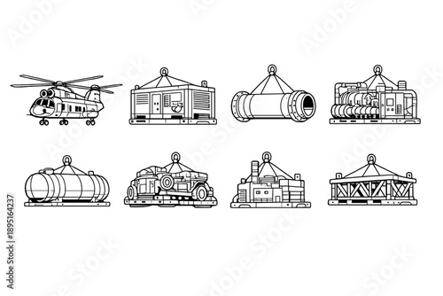 Transportation and Cargo Icon Set. Containing helicopter, container, tanker, truck, trailer, cargo, freight, shipping, delivery, logistics.
