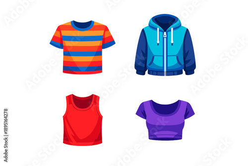 Clothing and apparel icon set. Featuring shirt, hoodie, tank top, t-shirt, dress, pants, shorts, skirt, jacket, sweater.