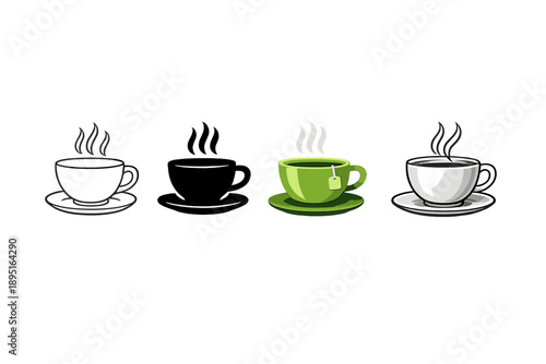 Beverage and drink icon set. Containing tea, coffee, mug, cup, kettle, infusion, hot, drinkware, steam, teabag, beverage, serve, liquid, refreshment,
