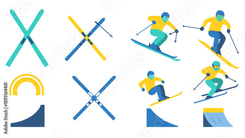 Winter sports: graphic set of skiing icons and jumping poses in flat style