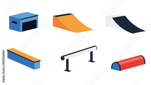 Colorful 3d isometric skate park ramps and rails set