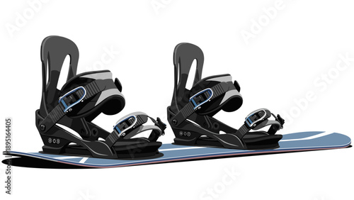 Modern snowboard bindings on blue snowboard in minimalist style
