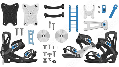 Comprehensive snowboard binding kit with accessories and tools in flat style