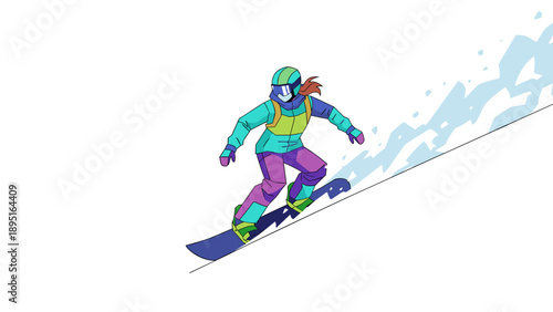 Colorful snowboarder in motion on a winter slope