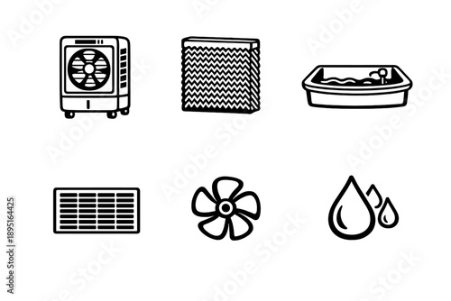 Air conditioning and ventilation icon set. Featuring fan, filter, water, cooling, system, heater, moisture, air and more.