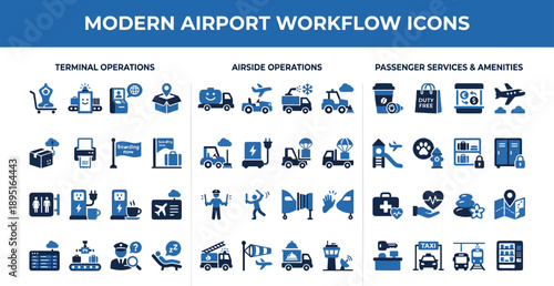  Airport icon collection. Containing plane, boarding pass, traveler, duty free, information desk, customs, detector, immigration and pilot icons. Airport icon element solid design. 