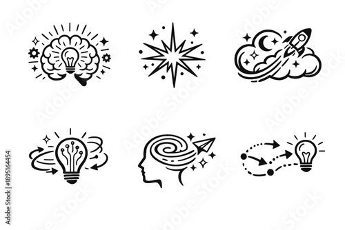 Creativity and innovation icon set. Containing idea, brain, thoughts, rocket, inspiration, exploration, vision, strategy and more.